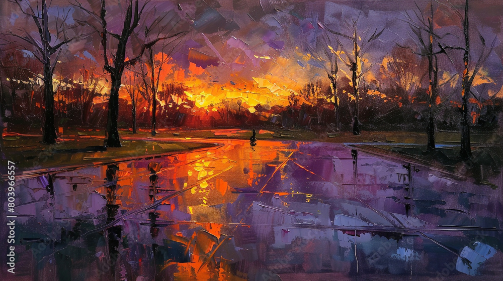 Tranquil yet melancholic urban evening in a park, depicted with vibrant hues and palette knife.