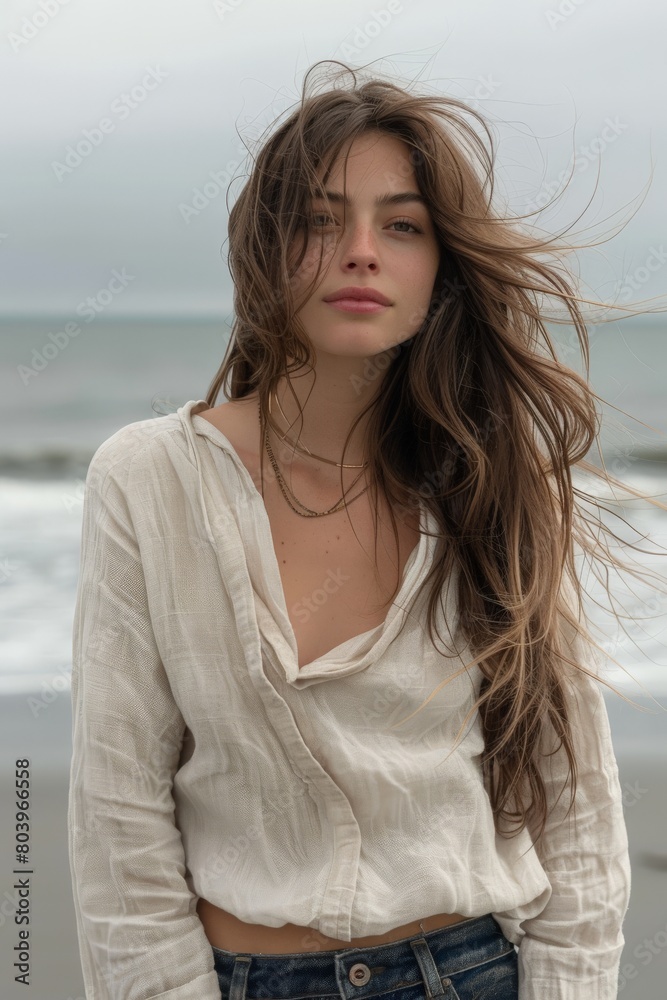 young casual woman wearing an oversized white linen shirt and jeans at the beach young casual woman wearing an oversized white linen shirt and jeans at the beach