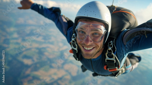 Young smiling man jumping with a parachute. The pleasure and emotions of jumping in the sky and free falling. Sky diving
