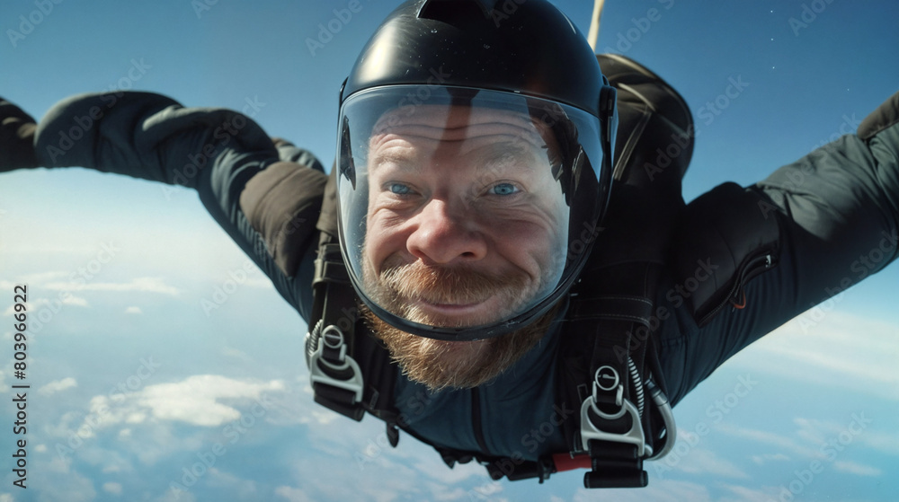 Young smiling man jumping with a parachute. The pleasure and emotions of jumping in the sky and free falling. Sky diving