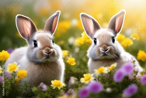 cute rabbits among flowers. sunny spring day.