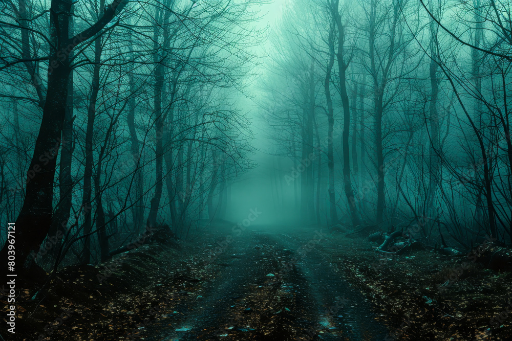 A forest path is shown in the dark with foggy mist