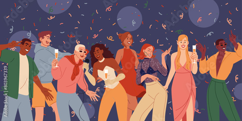 People dance. Celebrating party. Disco club. Friends fun. Music night. Alcohol drinks and confetti. Holiday event. Dancers group. Karaoke discotheque. Young persons dancing. Vector nightclub crowd