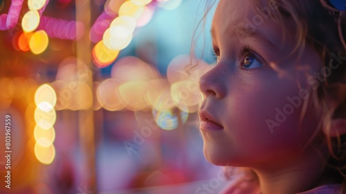 A smiling little girl gazes up at the ferris wheel with wonder, her nose twitching with excitement. Cheeks flushed with joy, eyelashes fluttering. The carnival is a fun event full of entertainment