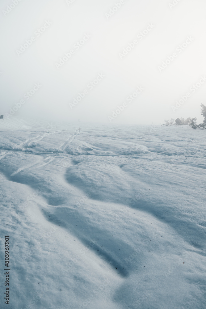 Alpine mountains landscape with white snow and blue sky. Sunset winter in nature. Frosty trees under warm sunlight. Wintry landscape. Donovaly, Low tatras