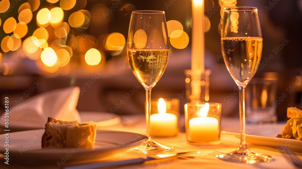 Romantic dinner for two with wine glasses and a candlelit ambiance Romantic dinner for two with wine glasses and a candlelit ambiance