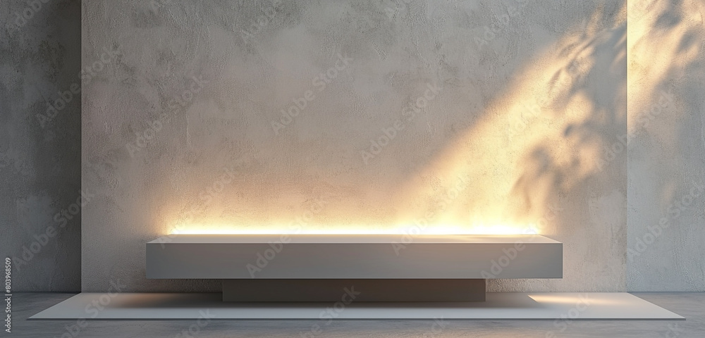 Sleek ash grey podium with a minimalist design, featuring a rectangular platform and gentle backlighting for a refined display. 3D mockup. Sleek ash grey podium with a minimalist design, featuring a rectangular platform and gentle backlighting for a refined display. 3D mockup.