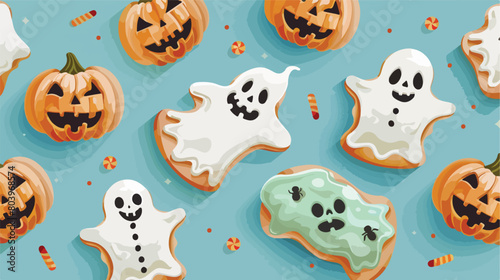 Tasty Halloween cookies on light blue background Vector