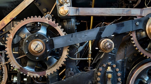 Detailed view of a classic steam engine's pistons and gears, showcasing the mechanical parts that powered the industrial revolution. 