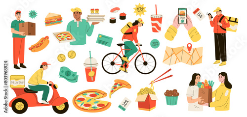 Food delivery. Takeaway lunch. Courier on fast scooter or bike. People with sandwich or pizza. Meal sale. Online service app. Pay for purchase. Cafe delivering elements set. Vector garish illustration