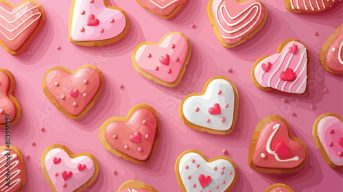 Tasty heart shaped cookies on pink background. 