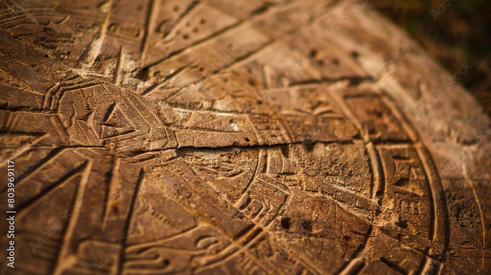 Macro view of an ancient solar calendar stone, highlighting early human efforts to harness and understand solar energy. Macro view of an ancient solar calendar stone, highlighting early human efforts to harness and understand solar energy.
