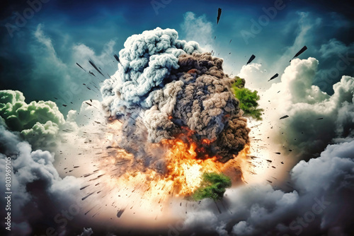 A massive cloud of smoke billows with intense ferocity, emanating from a source hidden within a tumultuous scene of destruction and chaos. Big Bang. War photo