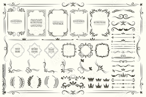Frame border ornament. Decor line design pattern, flower luxury decoration. Book element, antique ornate classic floral. Elegant baroque label old filigree calligraphy shapes. Vector retro garish card