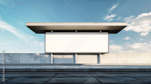 An empty building in a modern urban setting with a blank billboard sign in front, ready for advertising or messaging. Mockup