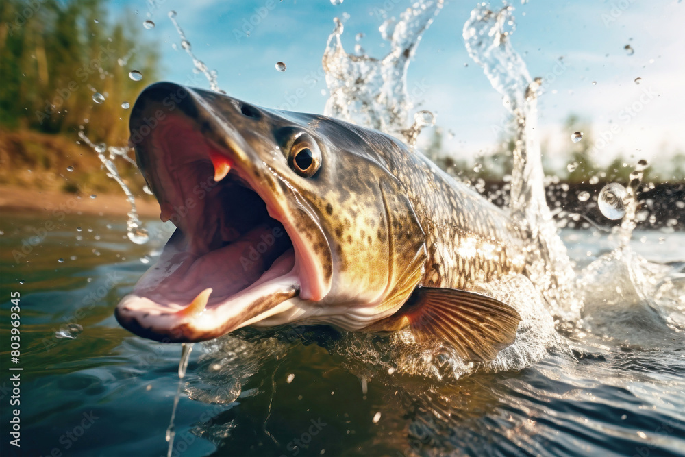Fototapeta premium A large fish with its mouth wide open in the water, resembling a poetic symphony performance underwater
