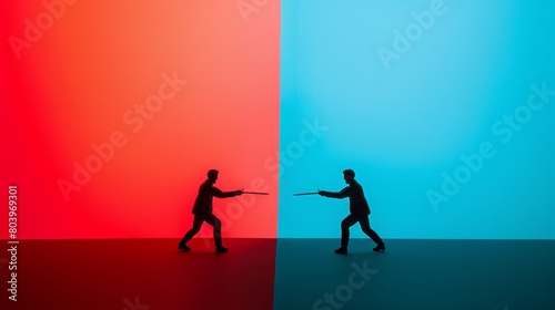 Silhouettes of duelists fencing on red and blue background photo
