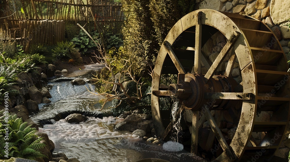 Detailed view of a water wheel turning in a small village stream, illustrating age-old practices of harnessing water power. Detailed view of a water wheel turning in a small village stream, illustrating age-old practices of harnessing water power.