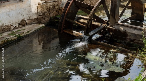 Detailed view of a water wheel turning in a small village stream, illustrating age-old practices of harnessing water power. 