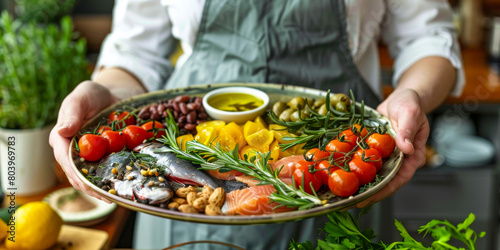 Mediterranean Cuisine Chef Presenting a Platter of Fresh Seafood and Vegetables