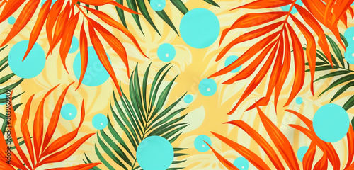 A tropical paradise in pattern  orange palms and turquoise dots on yellow.