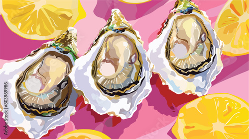 Tasty oysters with lemon on color background Vector styl