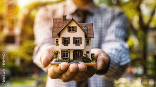 A man delicately holds a miniature house in his hands, embodying the world of real estate with concepts of mortgage, rent, and property sales