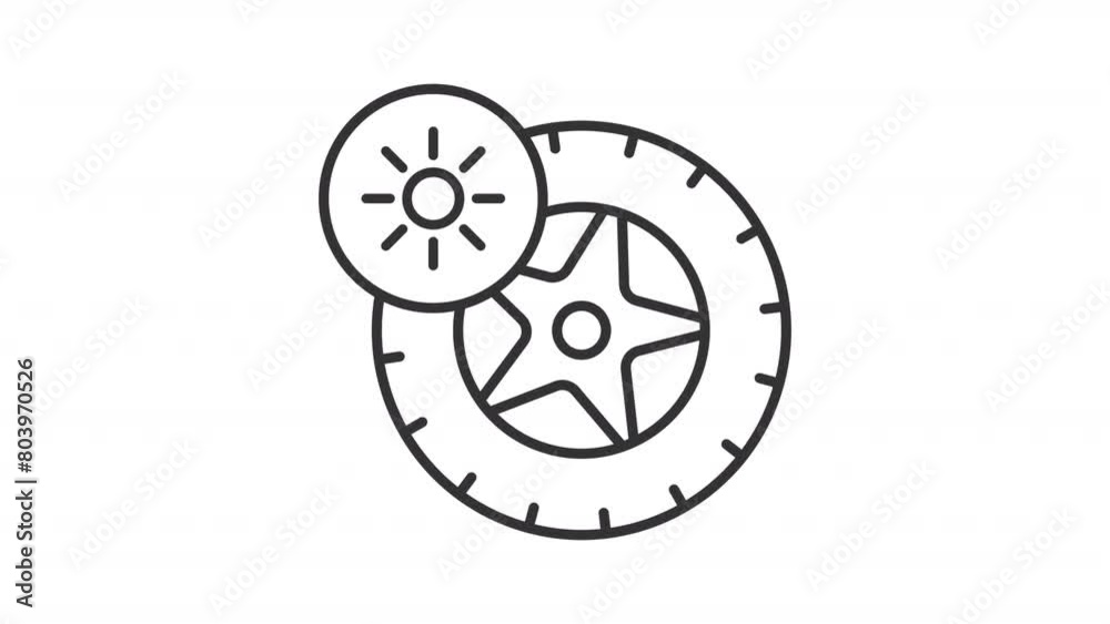 Animated summer tire icon. Spinning tire and sun line animation. Tire changeover service. All season tyre. Black illustration on white background. HD video with alpha channel. Motion graphic Animated summer tire icon. Spinning tire and sun line animation. Tire changeover service. All season tyre. Black illustration on white background. HD video with alpha channel. Motion graphic