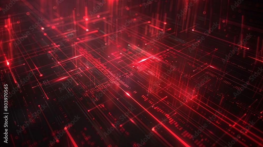 Abstract red digital circuit board background with glowing lines