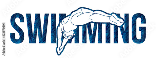 Female Swimming Text with Swimmer Action Cartoon Sport Graphic Vector