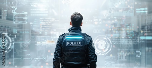 Back view police cop with digital background. Generative AI technology.	
 photo