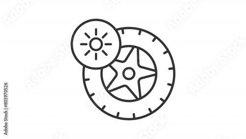 Animated summer tire icon. Spinning tire and sun line animation. Tire changeover service. All season tyre. Black illustration on white background. HD video with alpha channel. Motion graphic photo