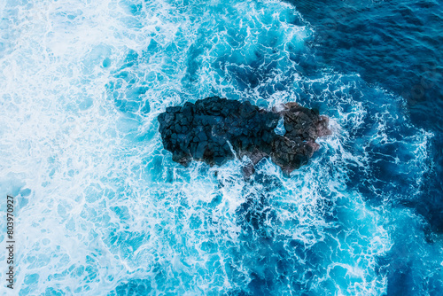 Aerial view of Ribeira da Janela beach with rock Ilheu Grande ,  Madeira Island, Portugal