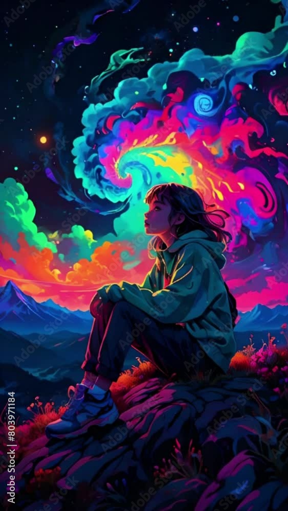 Anime style cartoon illustration of a person in the night with abstract color circles in the sky in the background, girl sitting in outdoor settings generative AI Anime style cartoon illustration of a person in the night with abstract color circles in the sky in the background, girl sitting in outdoor settings generative AI