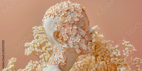 Floral Mannequin Head with White Blossoms on Peach Background