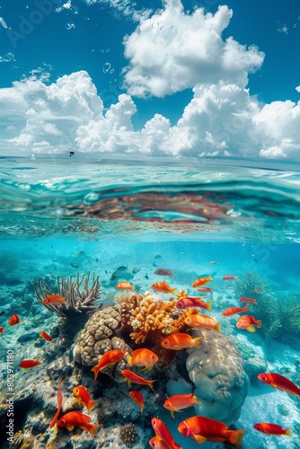 Above and below surface of the Caribbean sea with coral reef and fishes underwater and a cloudy blue sky.