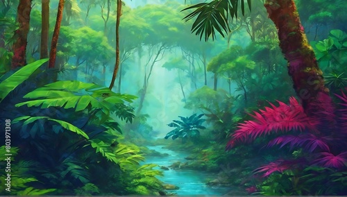 lush and beautiful tropical forest landscape illustration  created with generative AI