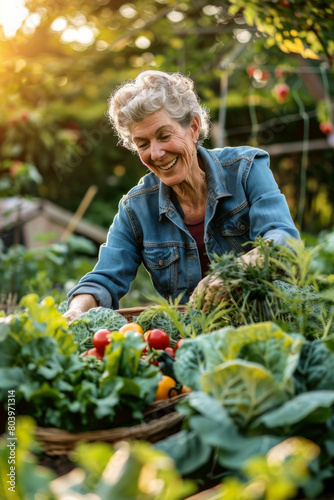 Senior Woman Harvesting Fresh Vegetables in Sunlit Garden © smth.design