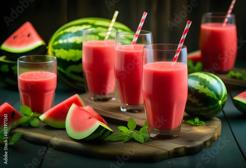 Wallpaper Mural A glass of watermelon smoothie on a wooden table with a slice of watermelon next to it.  Torontodigital.ca