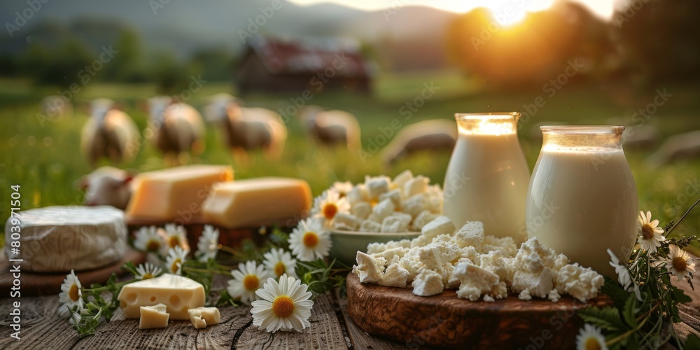 Fresh dairy products displayed on a rustic wooden table in a countryside setting