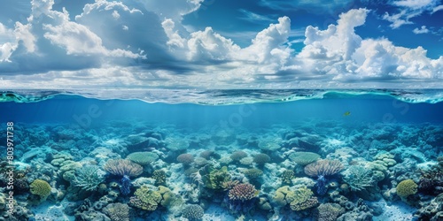 Above and below surface of the Caribbean sea with coral reef underwater and a cloudy blue sky.