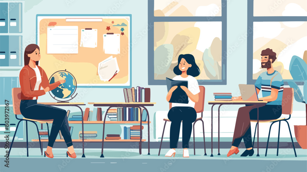 Teachers with globe and books in classroom Vector style