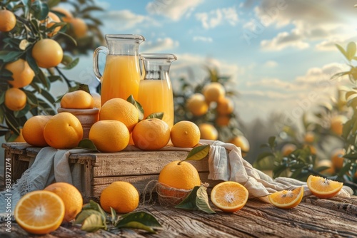 Golden sunlight bathes a rustic table laden with ripe oranges and glass jugs of fresh juice  with orange trees in the background.