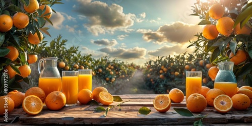Golden sunlight bathes a rustic table laden with ripe oranges and glass jugs of fresh juice, with orange trees in the background. photo