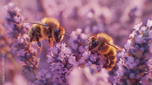 Two honeybees on a lavender flower photo