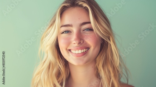 A capturing the genuine smile of a young woman with blonde long groomed hair against a plain pastel background with copy space