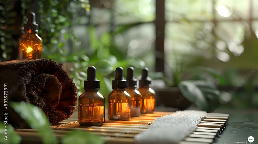 Spa Wellness Essentials: Amber Glass Bottles on Wooden Surface Spa Wellness Essentials: Amber Glass Bottles on Wooden Surface
