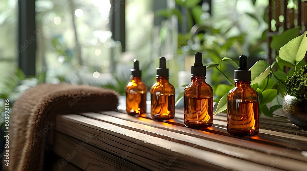 Luxury Spa Ambiance with Amber Glass Bottles and Rolled Towel Luxury Spa Ambiance with Amber Glass Bottles and Rolled Towel