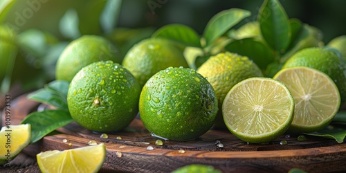 On a rustic wooden cutting board  a vibrant pile of ripe  vitamin-rich limes awaits juicing.