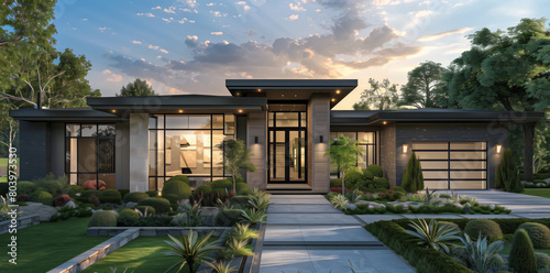 Modern luxury home in the sunset. The architectural design features clean lines, expansive glass windows, and a flat roof, complemented by a beautifully landscaped garden with lush greenery photo